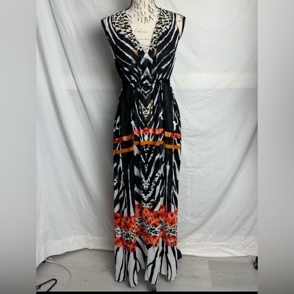 Alberto Makali Beaded Animal Print Sheer Maxi Dress / Coverup Size S NWT